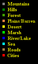 Mts #808080, Hills #008000, Forests #40a000, Plains/Barren #e08040, Deserts #ffff00, Marsh #00ff00, Rivers/Lakes #0000ff, Sea #00ffff, Roads #b08860, Cities #ff0000